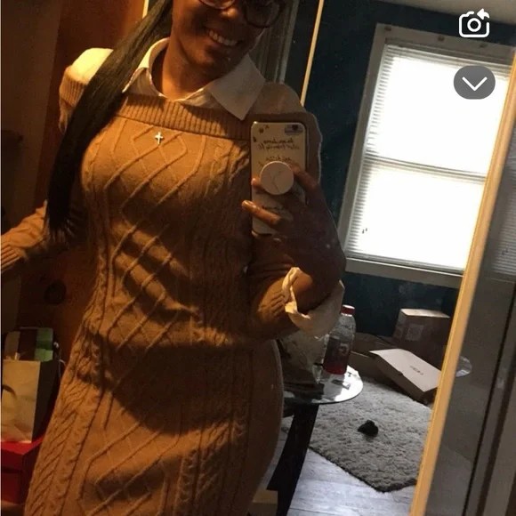 Tan and white New York and Company dress. It’s a sweater dress work shirt combo. - Picture 2 of 2